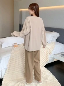 DAZY Minimalist Fleece Patchwork V-Neck Loose Loungewear Set Fall,Winter Pajama - Apricot - View 2