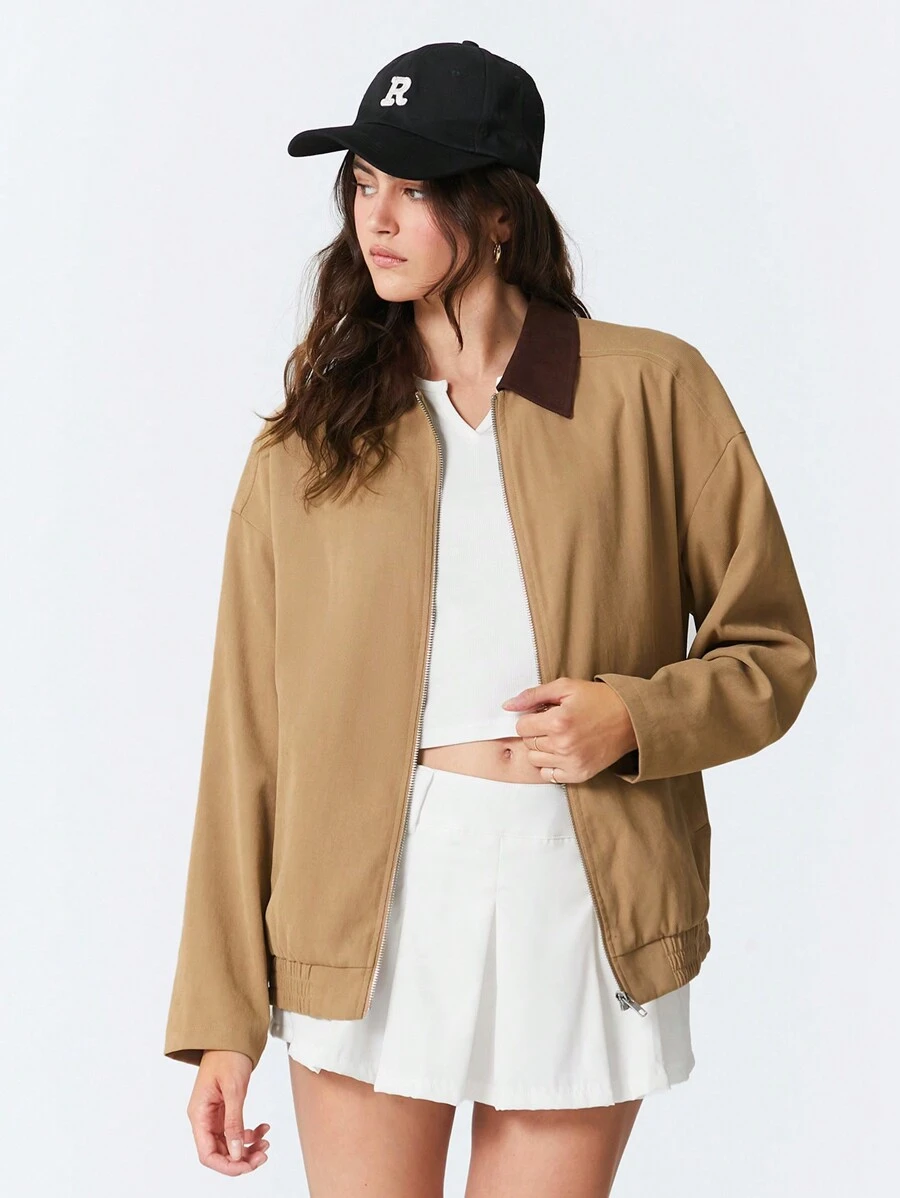 Easelle Khaki Contrasting Work Style Jacket - Khaki - View 1