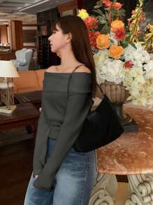 DAZY 女士露肩纯色针织T恤，深灰色，春夏秋季长袖女式上衣，秋季女装露肩上衣 - 深灰色 - 查看 5