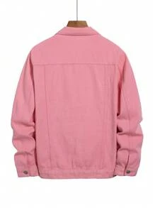 Manfinity Homme Áo khoác denim giản dị dáng rộng một hàng khuy cho nam, mùa thu - Hồng - Xem 2