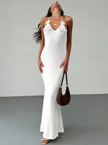 Aloruh Apricot Tight Halter Backless Summer Knitted Floral Pattern Dress, Perfect For Romantic Dates & Holidays - White - View 3