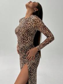 Aloruh Women's Fall Dress Elegant Romantic Party Daily Casual Commuting Business Street Leopard Print Knitted Print Animal Print Print Side Slit Long Sleeve Round Neck Leopard Print Dress Maxidress Bodycon Dress