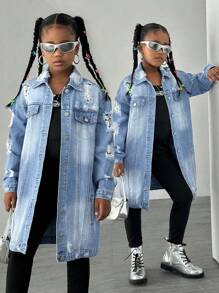 TWEEN GIRL Y2K Street Style Casual Collegiate Distressed Ripped Long Denim Jacket, Essential Chic Fashion Item For Spring Autumn Winter - Light Wash - View 1