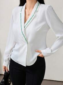 Modelyn Women's French V-Neck Floral Embroidery Casual Button-Up Blouse, Business Clothes Fall Cloth For Women - White - View 4