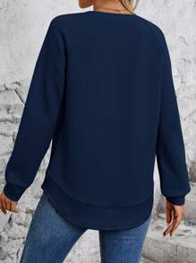 SHEIN LUNE Casual Raglan Sleeve Button Design Curved Hem Sweatshirt, Autumn - Navy Blue - View 2