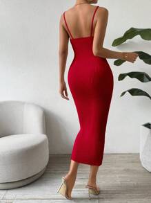 SHEIN Clasi 女士优雅罗纹针织长款紧身情人节浪漫吊带毛衣连衣裙，红色 - 紅色 - 查看 2