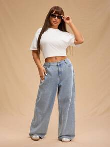 Forever 21 大码女式纯色宽松口袋休闲牛仔裤 - 淺藍色 - 查看 5