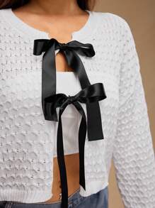Forever 21 Plus Size Women's Fashionable Autumn Winter Knitted Long Sleeve Tie Front Cardigan - White - View 9