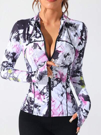 SHEIN Core Rhythm Tie-Dye Zipper Front Fitted Sports Jacket
