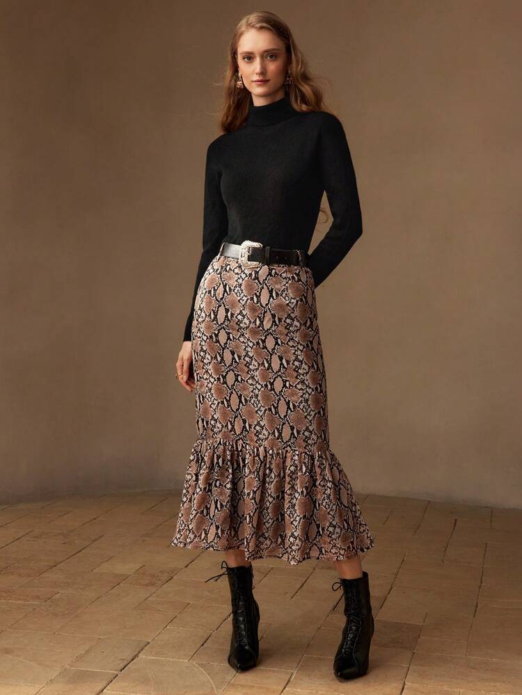 SNAKESKIN PRINT MERMAID HEM SKIRT WITH BELT
