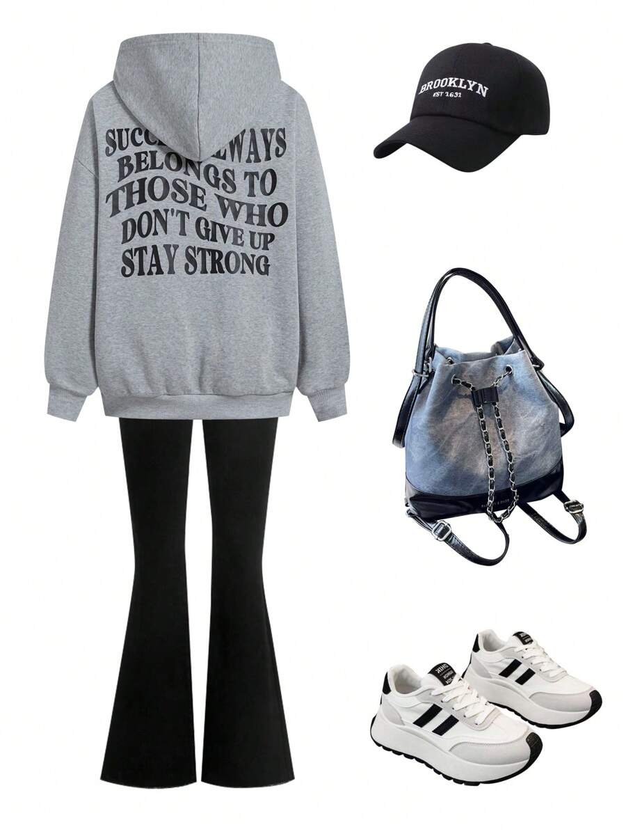 Mulvari Áo hoodie dài tay in chữ thường ngày cho nữ - Xám - Xem 1