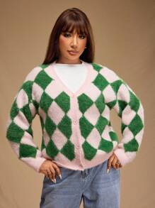 Forever 21 Plus Size Women Casual Dropped Shoulder Loose Checker Pattern Fluffy Knit Button Front Cardigan - Multicolor - View 8
