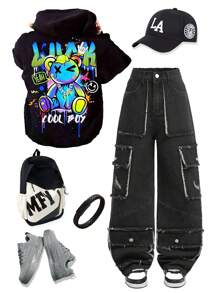 SHEIN Tween Boy Fashion Casual Design Sense Raw Edge Split Multiple Cargo Pockets Design Black Denim Cargo Loose Straight Leg Jeans For Dailywear And Kids Fall Clothes