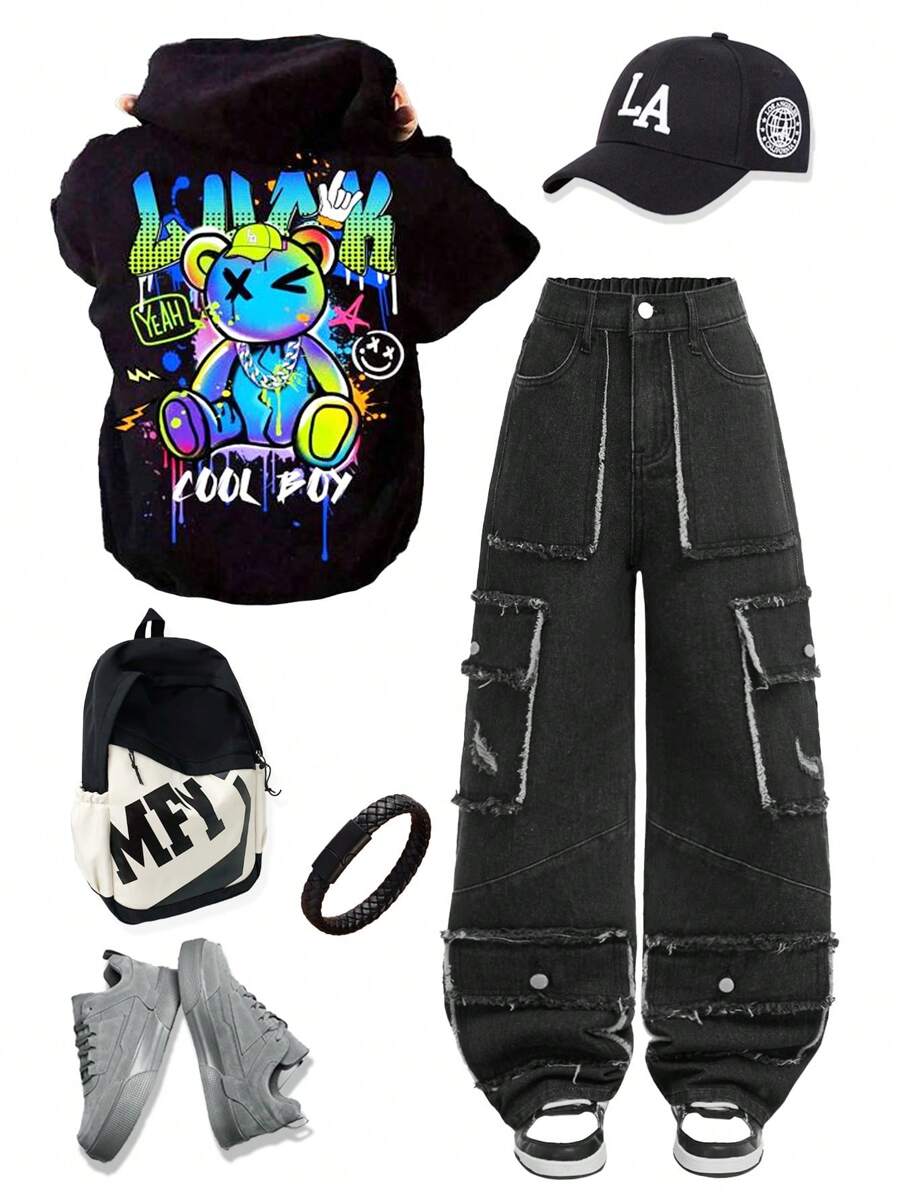 SHEIN Tween Boy Fashion Casual Design Sense Raw Edge Split Multiple Cargo Pockets Design Black Denim Cargo Loose Straight Leg Jeans For Dailywear And Kids Fall Clothes