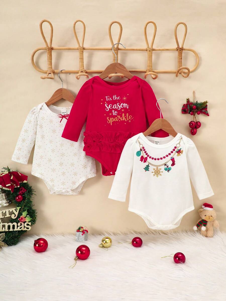 SHEIN 3 piezas Bodys con volantes y estampado navideño para bebé niña - Rojo y blanco - Ver 1