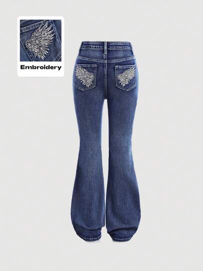 SHEIN Girlism Teen Girls Y2K Fashion Embroidered Beaded Stonewashed Denim Flare Leg Jeans With Pockets, Girls Fall Clothes Homecoming Concert Outfits