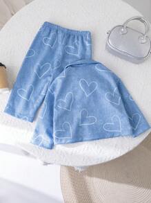 SHEIN Bộ 2 áo khoác dài tay in hình trái tim màu xanh cho bé gái và quần dài in hình trái tim màu xanh, phù hợp cho mùa thu đông - Màu xanh lam - Xem 2