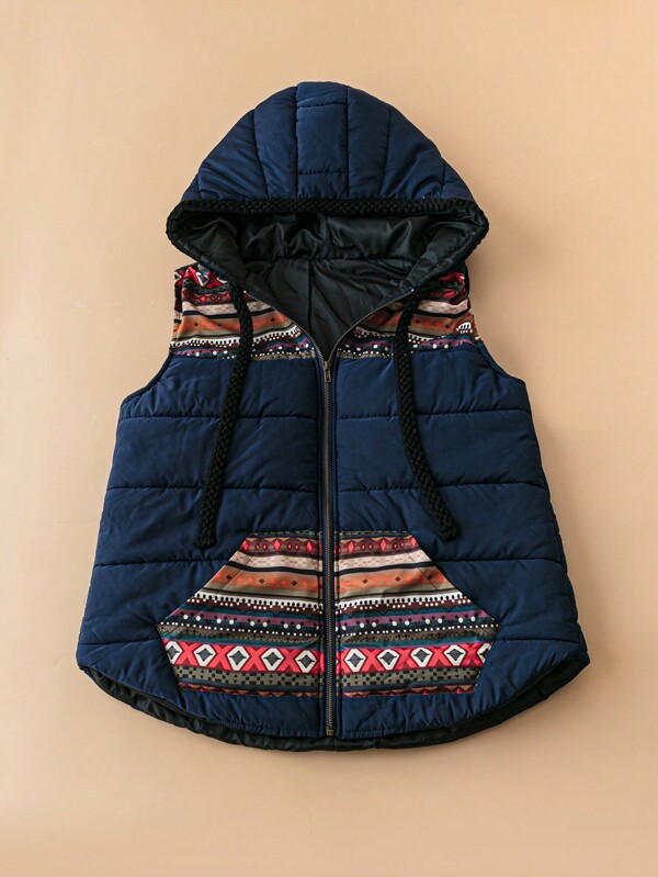 SHEIN LUNE Plus Size Women Winter Clothes Striped Zipper Hooded Drawstring Quilted Vest Jacket