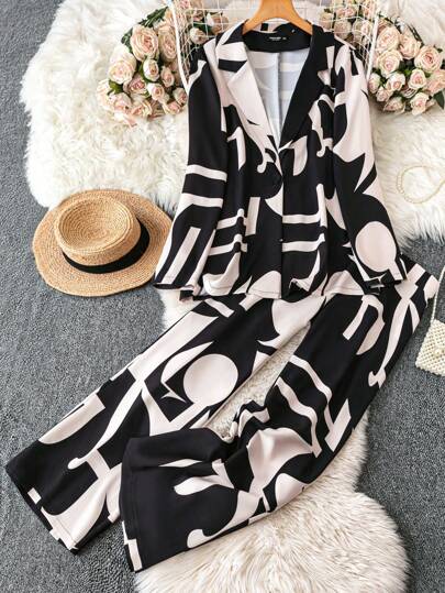 SHEIN LUNE Plus Size Women All-Over Print Lapel Collar Blazer Jacket And Wide Leg Loose Pants Set, Spring Autumn