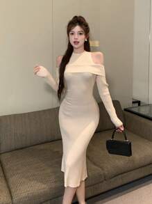 DAZY Women's Off Shoulder Fitted Knitted Sweater Dress,Fall Clothes - Beige - View 8