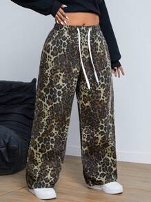 SHEIN ICON Plus Size Drawstring Waist Leopard Print Pocketed Loose Casual Jeans