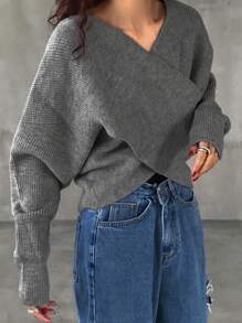 FRIFUL 女士落肩长袖交叉宽松休闲纯色毛衣，秋冬，长袖上衣 - 灰色 - 查看 1