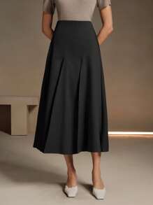 Anewsta Solid Color Asymmetrical Pleated Elegant Office Skirt For Women Maxi Women Outfit