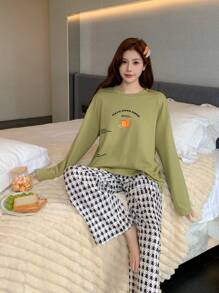 DAZY Conjunto de pijama informal con sudadera holgada con estampado de pan y pantalones a cuadros para el otoño