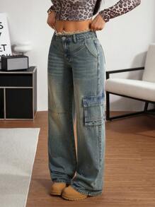 SHEIN Tall 女式休闲水洗宽松喇叭形磨边牛仔裤，秋季 - 藍色 - 查看 6