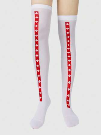 Goth 1 Paar Überknie Oberschenkel Hohe Socken mit Kreuz Muster für Frauen