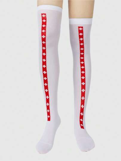 Goth جوارب طويلة حتى الفخذ مطبوع عليها صليب للنساء زوج واحد