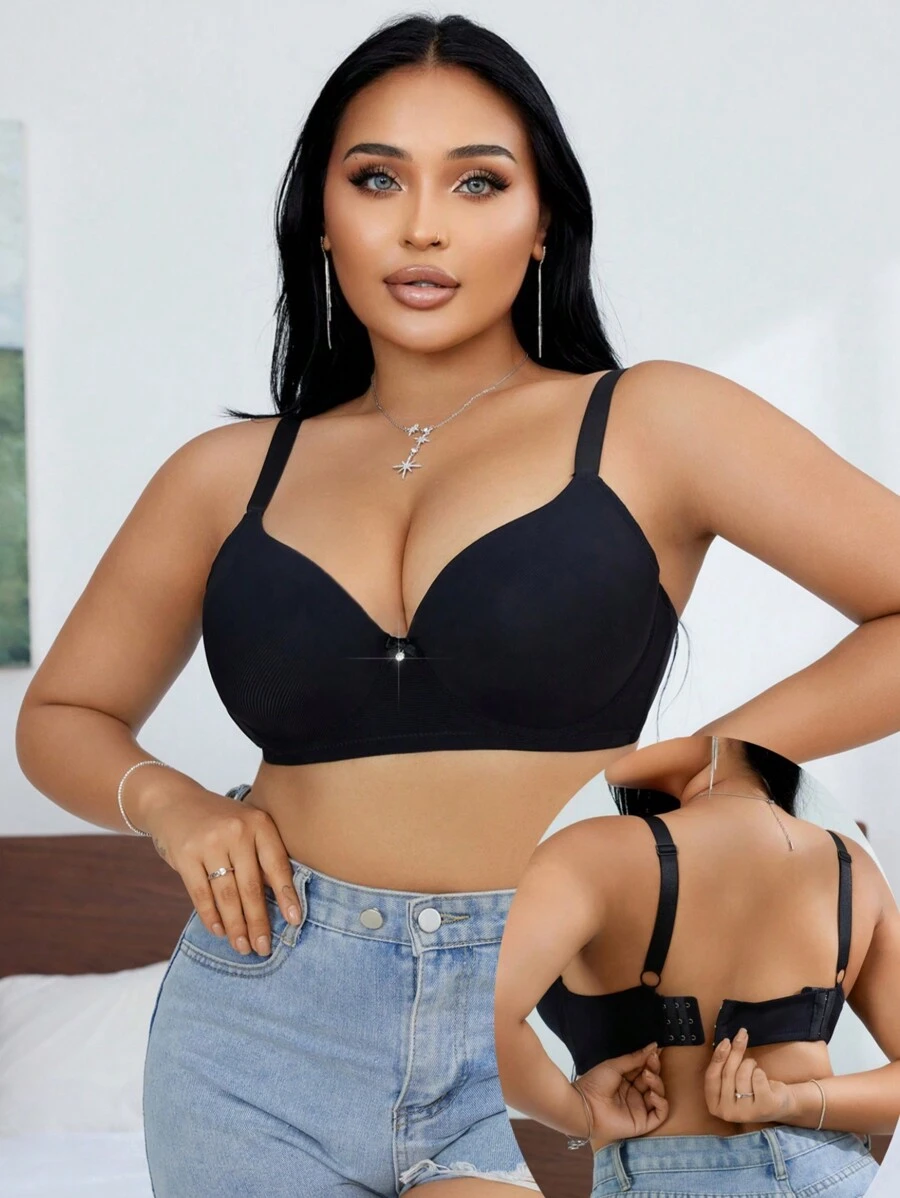 1 件简约纯色钢圈支撑文胸，带双纽扣闭合，加大码，适合女士 - 黑色 - 查看 1