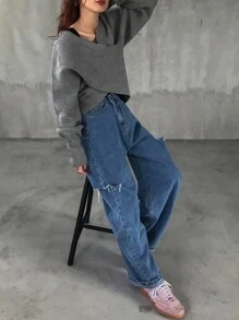 FRIFUL 女士落肩长袖交叉宽松休闲纯色毛衣，秋冬，长袖上衣 - 灰色 - 查看 2