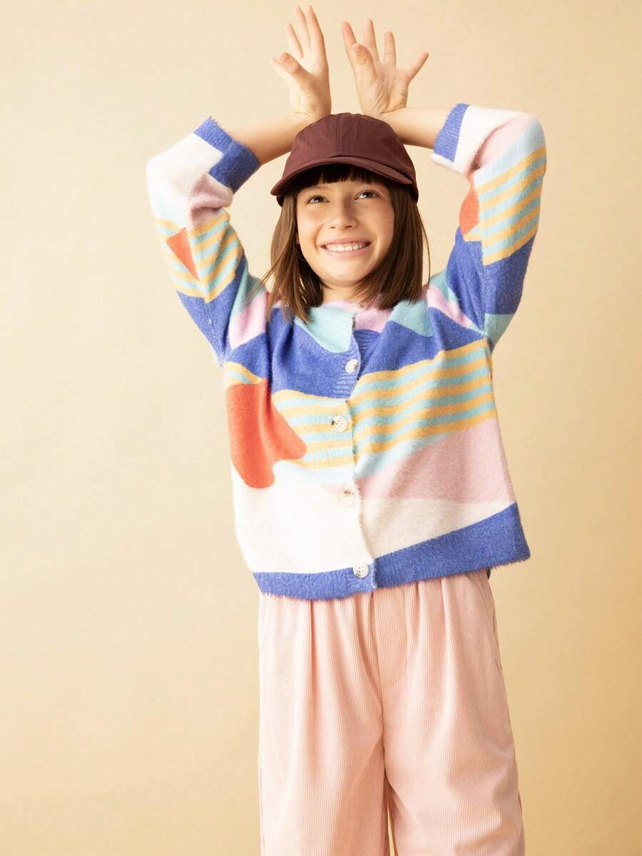 SHEIN 女童印花图案多色纽扣前长袖休闲衬衫毛衣，秋冬 - 彩色 - 查看 1