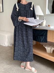 DAZY Sweet Floral Ruffle Trim Patchwork Nightgown Pajama, Moo Moo, For Fall, Winter - Navy Blue - View 5