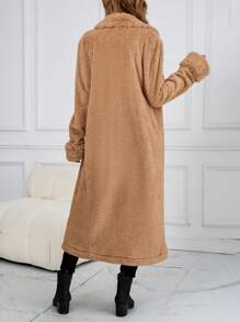 EMERY ROSE 女士休闲翻领泰迪羊毛双排扣夹克，秋冬 - 卡其色 - 查看 2