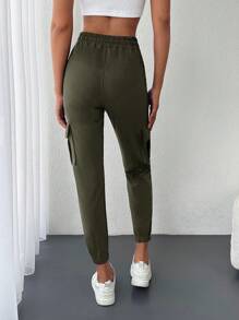 EURMUSE Flap Pocket Side Drawstring Waist Cargo Sweatpants - Khaki - View 2