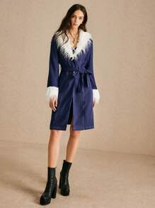 Poéselle Women's Winter Patchwork Fluffy Collar Long Sleeve Long Casual Outerwear, Fluffy Coat, Fall Winter Clothes, Fluffy Jacket,24 FW Boho Cottagecore Fur - Blue and White - View 5