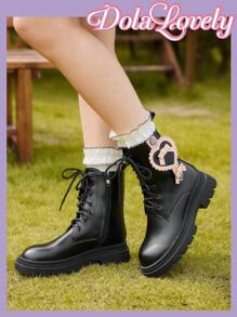 Dola Lovely 女士时尚优雅休闲圆头黑色系带侧拉链性感心形蝴蝶结经典英伦风厚底踝靴 - 黑色 - 查看 5