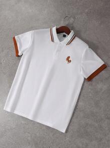 Manfinity Mode 男式休闲 Polo 衫，撞色袖口和野马印花，夏季 - 白色 - 查看 1