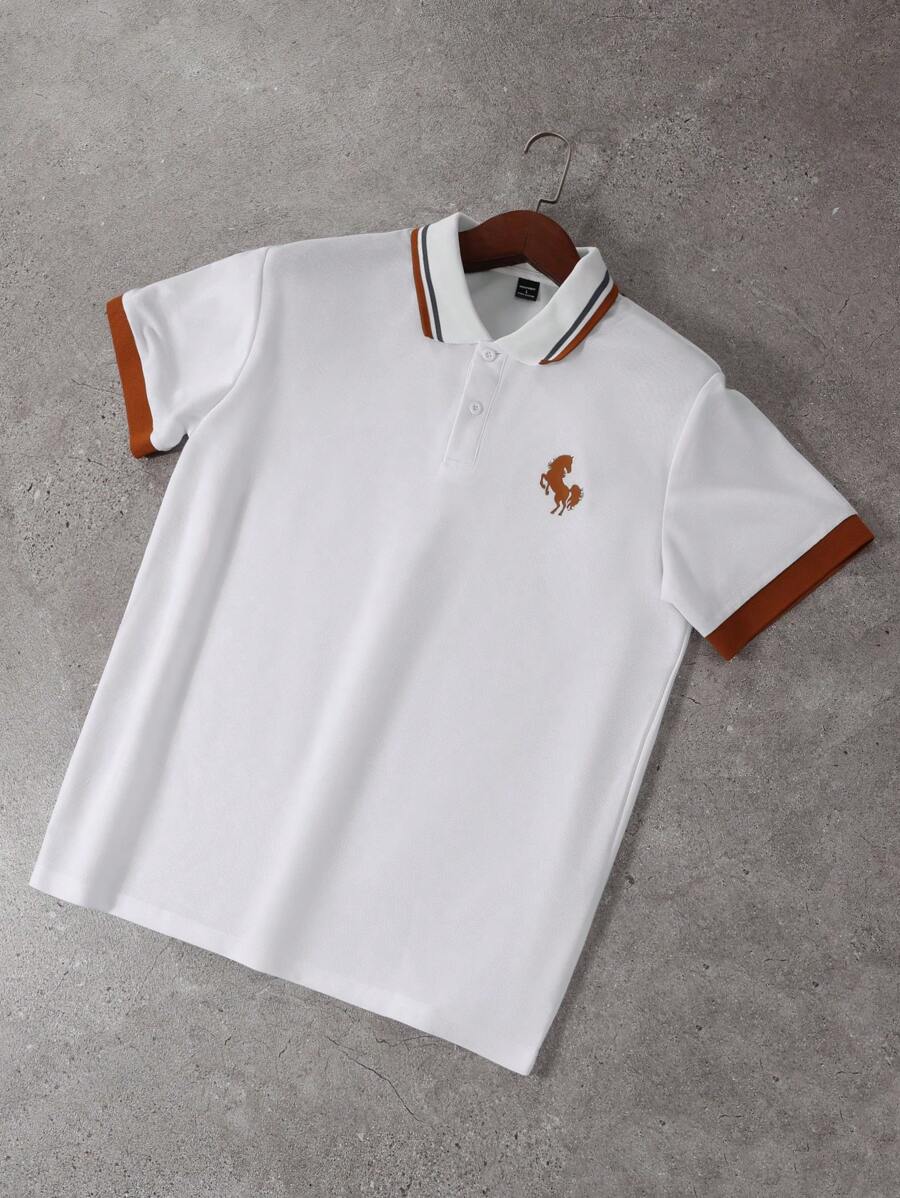 Manfinity Mode 男式休闲 Polo 衫，撞色袖口和野马印花，夏季 - 白色 - 查看 1