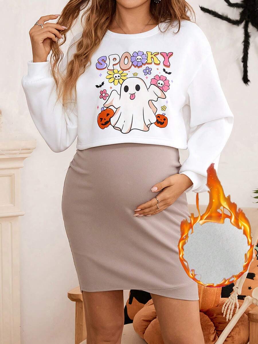 SHEIN 2pcs Maternity Halloween Costumes For Women: White Long Sleeve Sweatshirt And Adjustable Waist Ruched Skirt, Fall - Multicolor - View 1
