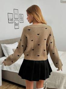 RueChic Casual Heart Pattern Fuzzy Crew Neck Long Sleeve Pullover Sweater - Rust Brown - View 3