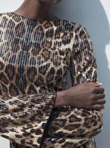 SHEIN Maija Damen Midi Kleid mit Leoparden Muster, paillettenbesetzt, lange Ärmel, tailliert, elegant für Schulanfang, Ferien, Party, Stadtreisen - Neuankömmling Herbst Winter