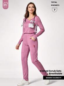 TaskEZ Contrast Color V-Neck Long Sleeve Top And Pocket Pants Casual Uniform Scrub Set