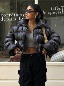 SHEIN EZwear 黑色女式梭织立领长袖褶裥棉衣 - 黑色 - 查看 3