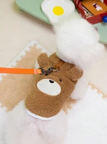 PETSIN 棕色泰迪熊毛绒牵引带连帽衫，舒适宠物服装 - 棕色 - 查看 3