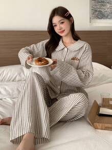 DAZY 纹理条纹面料面包印花长袖上衣和裤子睡衣套装，秋冬服装 - 咖啡棕 - 查看 8