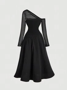 SHEIN MOD Black Asymmetrical Pleated Long Sleeve Dress, Gorgeous And Romantic, Women,Brunch Women Outfit,Tea Party Dress