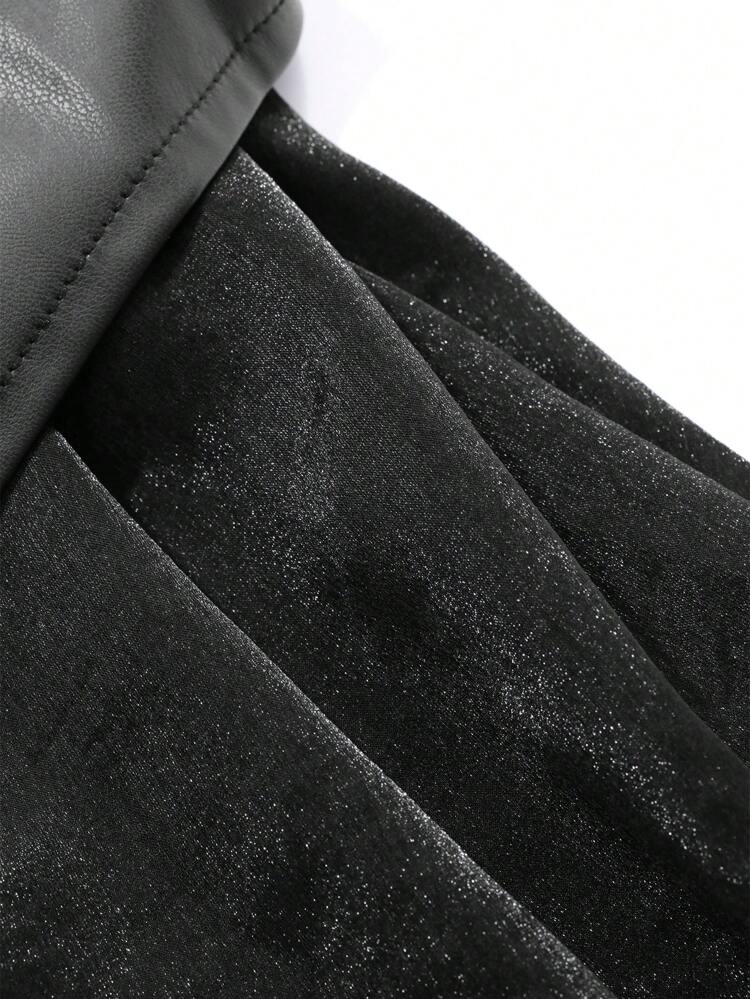 Women's Casual Elegant Versatile PU Leather And Mesh Contrast Skirt, Autumn